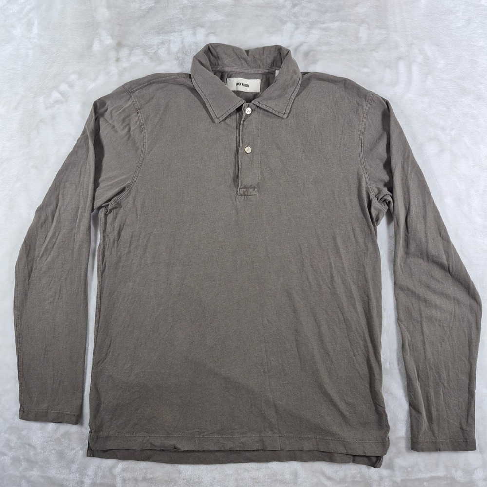 Buck Mason Polo Shirt Men's Medium Olive Gray Cotton Long Sleeve Comfort Casual